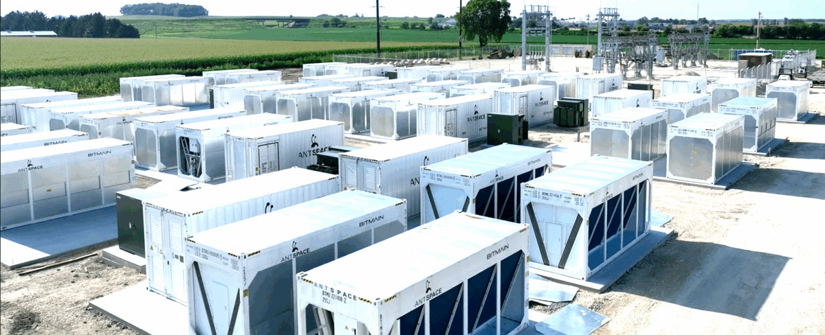 Parque de contentores Bitmain ANTSPACE com mineradoras ASIC em operação