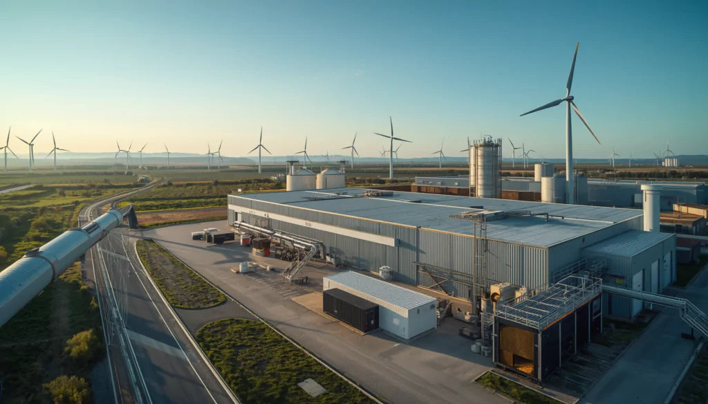 Instalação de mineração alimentada por energia eólica, com turbinas ao fundo